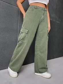 SHEIN EZwear 大碼側翻蓋口袋工裝牛仔褲 - 軍綠色 - 查看 3