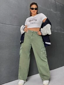 SHEIN EZwear 大碼側翻蓋口袋工裝牛仔褲 - 軍綠色 - 查看 4