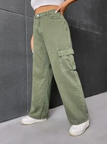 SHEIN EZwear 大碼側翻蓋口袋工裝牛仔褲 - 軍綠色 - 查看 5