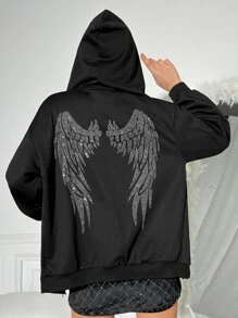 SHEIN ICON Rhinestone Wing Back Hoodie - Black - View 6