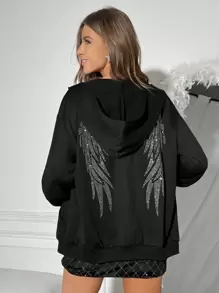 SHEIN ICON Rhinestone Wing Back Hoodie - Black - View 3