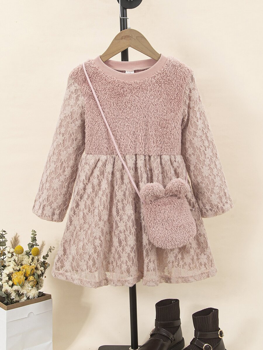 Toddler Girls Solid Fuzzy Dress & Bag - Dusty Pink - View 1