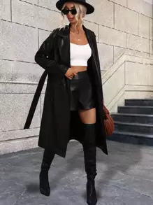 SHEIN Clasi Áo khoác PU thắt lưng túi nắp, Áo khoác dự tiệc mùa đông cho nữ, Ve áo tay thường, vừa vặn màu đen trơn, Áo khoác nữ, Trang phục thường ngày - màu đen - Xem 3