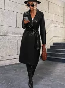 SHEIN Clasi Áo khoác PU thắt lưng túi nắp, Áo khoác dự tiệc mùa đông cho nữ, Ve áo tay thường, vừa vặn màu đen trơn, Áo khoác nữ, Trang phục thường ngày - màu đen - Xem 4