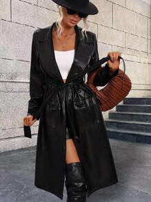 SHEIN Clasi Áo khoác PU thắt lưng túi nắp, Áo khoác dự tiệc mùa đông cho nữ, Ve áo tay thường, vừa vặn màu đen trơn, Áo khoác nữ, Trang phục thường ngày - màu đen - Xem 5