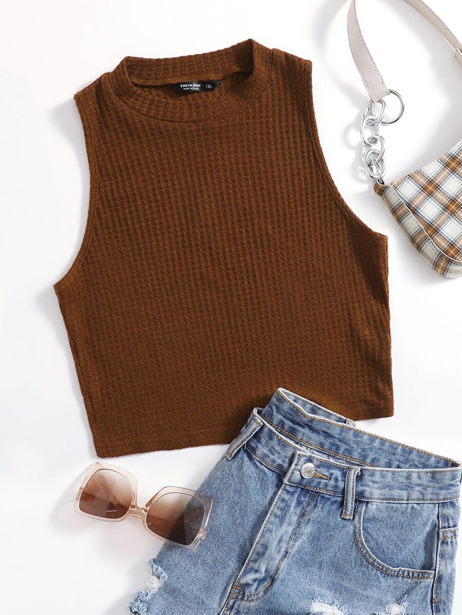 SHEIN EZwear لباس علوي تانك بلون موحد محبوك وافل مقاس كبير