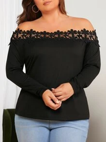 SHEIN Clasi Áo thun Plus size Tương phản ren màu trơn Thanh lịch - màu đen - Xem 2