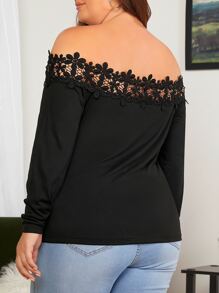 SHEIN Clasi Áo thun Plus size Tương phản ren màu trơn Thanh lịch - màu đen - Xem 3