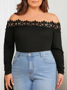 SHEIN Clasi Áo thun Plus size Tương phản ren màu trơn Thanh lịch - màu đen - Xem 5