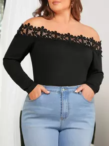 SHEIN Clasi Áo thun Plus size Tương phản ren màu trơn Thanh lịch - màu đen - Xem 1