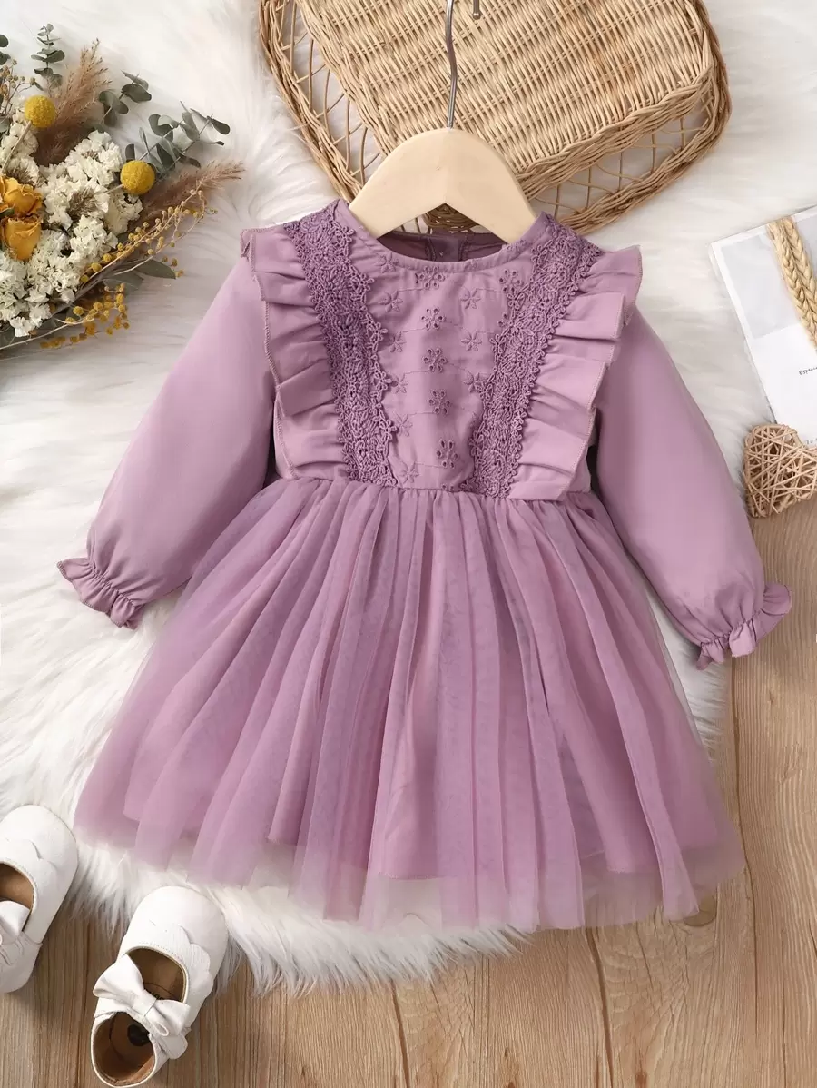 SHEIN Đầm em bé Nơ Bướm Tương phản ren Tương phản Mesh Tranh thêu màu trơn Dễ thương - Màu tím - Xem 1