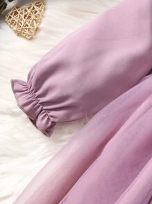 SHEIN Đầm em bé Nơ Bướm Tương phản ren Tương phản Mesh Tranh thêu màu trơn Dễ thương - Màu tím - Xem 5