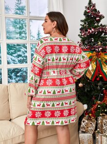 Plus Christmas Print Drop Shoulder Belted Dress - Multicolor - View 2