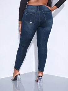 SHEIN SXY Plus Ripped Skinny Jeans - Dark Wash - View 2