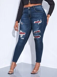 SHEIN SXY Plus Ripped Skinny Jeans - Dark Wash - View 5