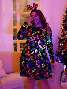 Plus Reflective Letter Graphic Tee Dress - Black - View 1