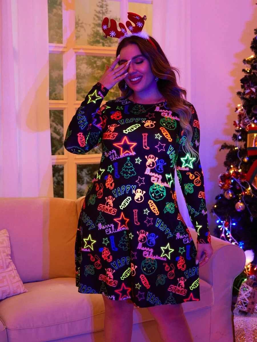 Plus Reflective Letter Graphic Tee Dress - Black - View 1