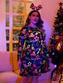 Plus Reflective Letter Graphic Tee Dress - Black - View 3