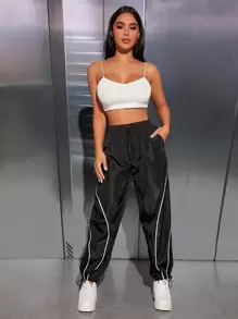 SHEIN PETITE Contrast Piping Drawstring Waist Pants