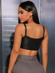 SHEIN PETITE Solid Crop PU Cami Top - Black - View 2