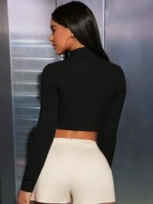 SHEIN PETITE 女士空心肋條立領t恤 - 黑色 - 查看 3