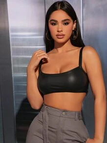 SHEIN PETITE Solid Crop PU Cami Top - Black - View 6