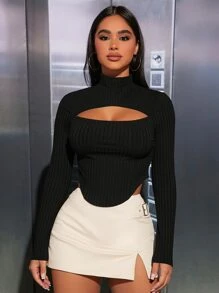 SHEIN PETITE 女士空心肋條立領t恤 - 黑色 - 查看 6