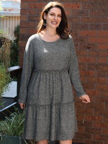 EMERY ROSE Plus Frill Trim Solid Smock Dress - Dark Grey - View 4