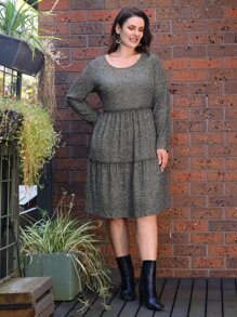 EMERY ROSE Plus Frill Trim Solid Smock Dress - Dark Grey - View 5