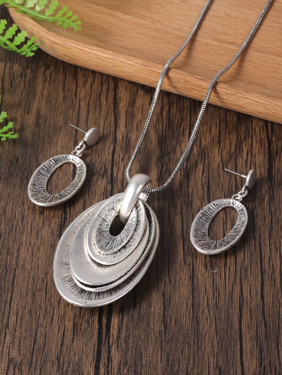 橢圓形吊墜項鍊和耳墜 - 復古銀色 - 查看 1