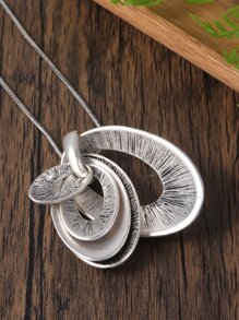 橢圓形吊墜項鍊和耳墜 - 復古銀色 - 查看 3