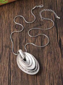 橢圓形吊墜項鍊和耳墜 - 復古銀色 - 查看 6