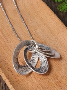 橢圓形吊墜項鍊和耳墜 - 復古銀色 - 查看 8