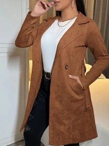 SHEIN SXY Double Button Lapel Collar Belted Suedette Coat In Fall/Winter