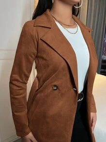 SHEIN SXY Double Button Lapel Collar Belted Suedette Coat In Fall/Winter