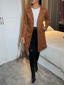 SHEIN SXY Double Button Lapel Collar Belted Suedette Coat In Fall/Winter