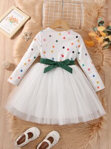 SHEIN Toddler Girls Polka Dot Print Belted Dress - White - View 1