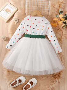 SHEIN Toddler Girls Polka Dot Print Belted Dress - White - View 2