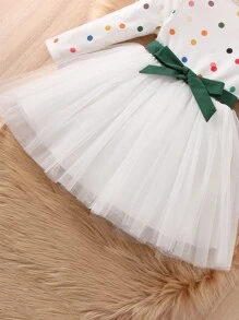 SHEIN Toddler Girls Polka Dot Print Belted Dress - White - View 5