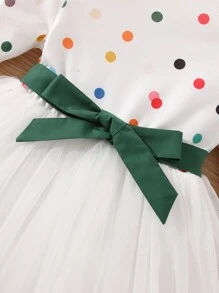 SHEIN Toddler Girls Polka Dot Print Belted Dress - White - View 6