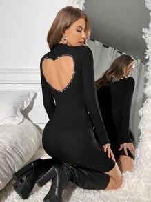 SHEIN BAE Heart Cut Out Back Mock Neck Bodycon Dress - Black - View 3