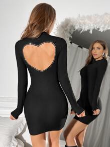 SHEIN BAE Heart Cut Out Back Mock Neck Bodycon Dress - Black - View 1