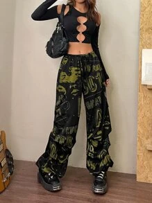 SHEIN ICON Gorpcore Star And Letter Graphic Drawstring Waist Parachute Trousers - Black - View 1