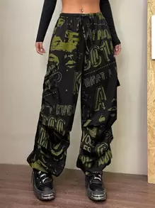 SHEIN ICON Gorpcore Star And Letter Graphic Drawstring Waist Parachute Trousers - Black - View 4