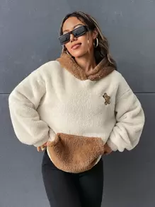 Muchica Quần áo thể thao nữ Thêu Túi Khối Màu Lá thư Giải trí - màu nâu - Xem 4