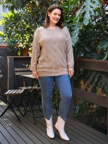 EMERY ROSE Plus Pearls Beaded Drop Shoulder Jumper - Mocha Brown - View 5