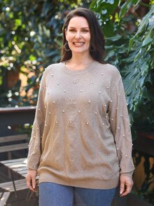 EMERY ROSE Plus Pearls Beaded Drop Shoulder Jumper - Mocha Brown - View 3