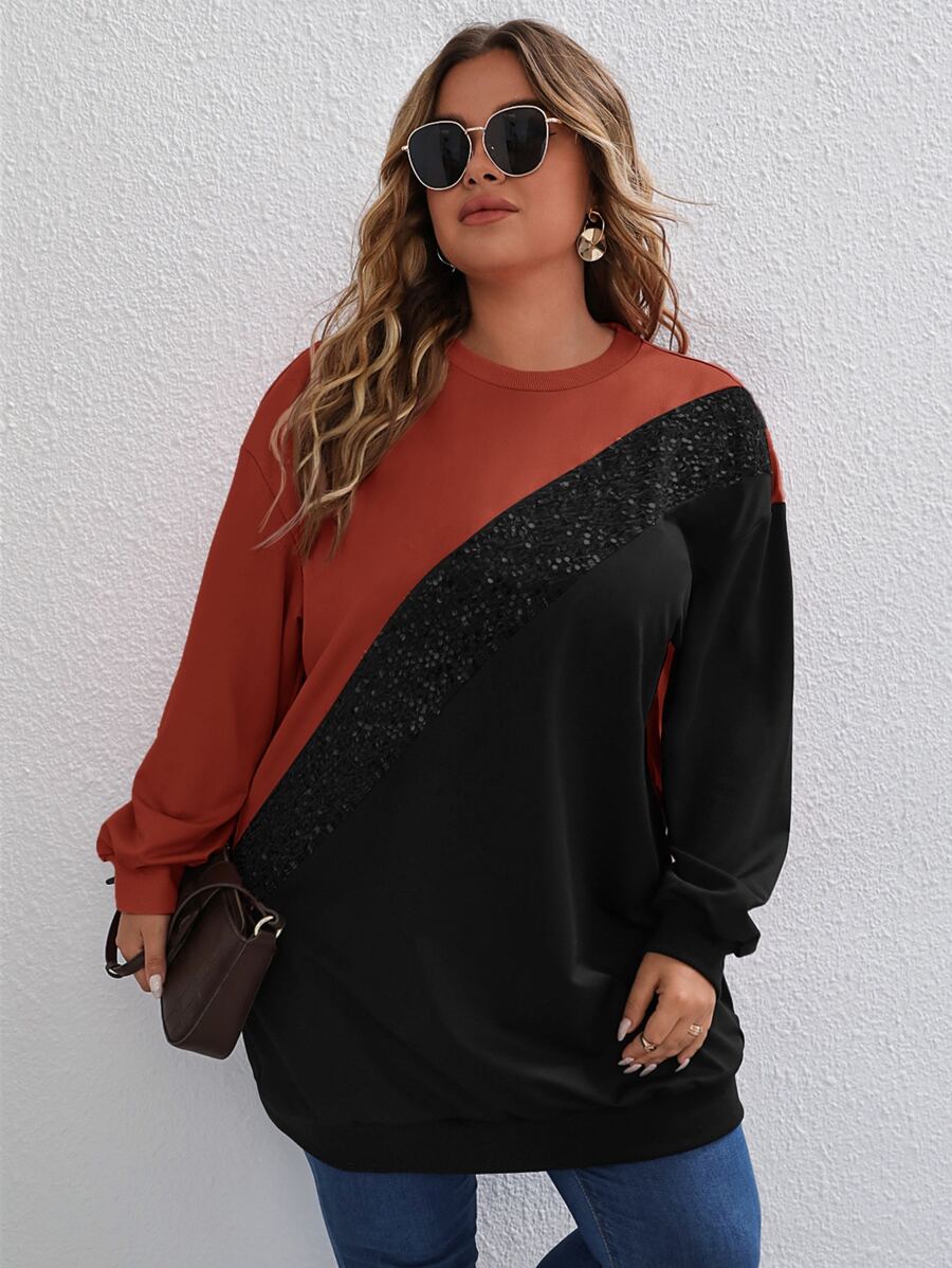 SHEIN LUNE Plus Contrast Sequin Drop Shoulder Sweatshirt - Burnt Orange - View 1