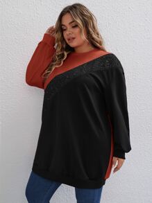 SHEIN LUNE Plus Contrast Sequin Drop Shoulder Sweatshirt - Burnt Orange - View 3