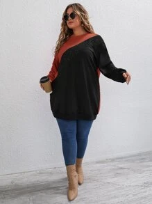 SHEIN LUNE Plus Contrast Sequin Drop Shoulder Sweatshirt - Burnt Orange - View 4